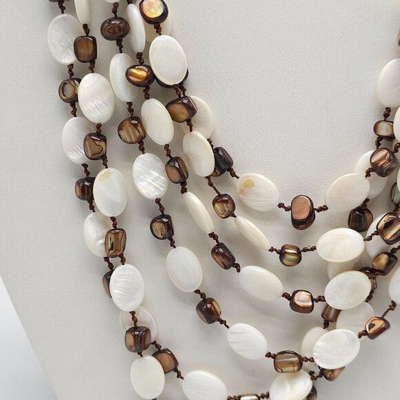 Multi Layer White Mother of Pearl Brown Shell Necklace With Toggle Closure - Picture 2 of 6